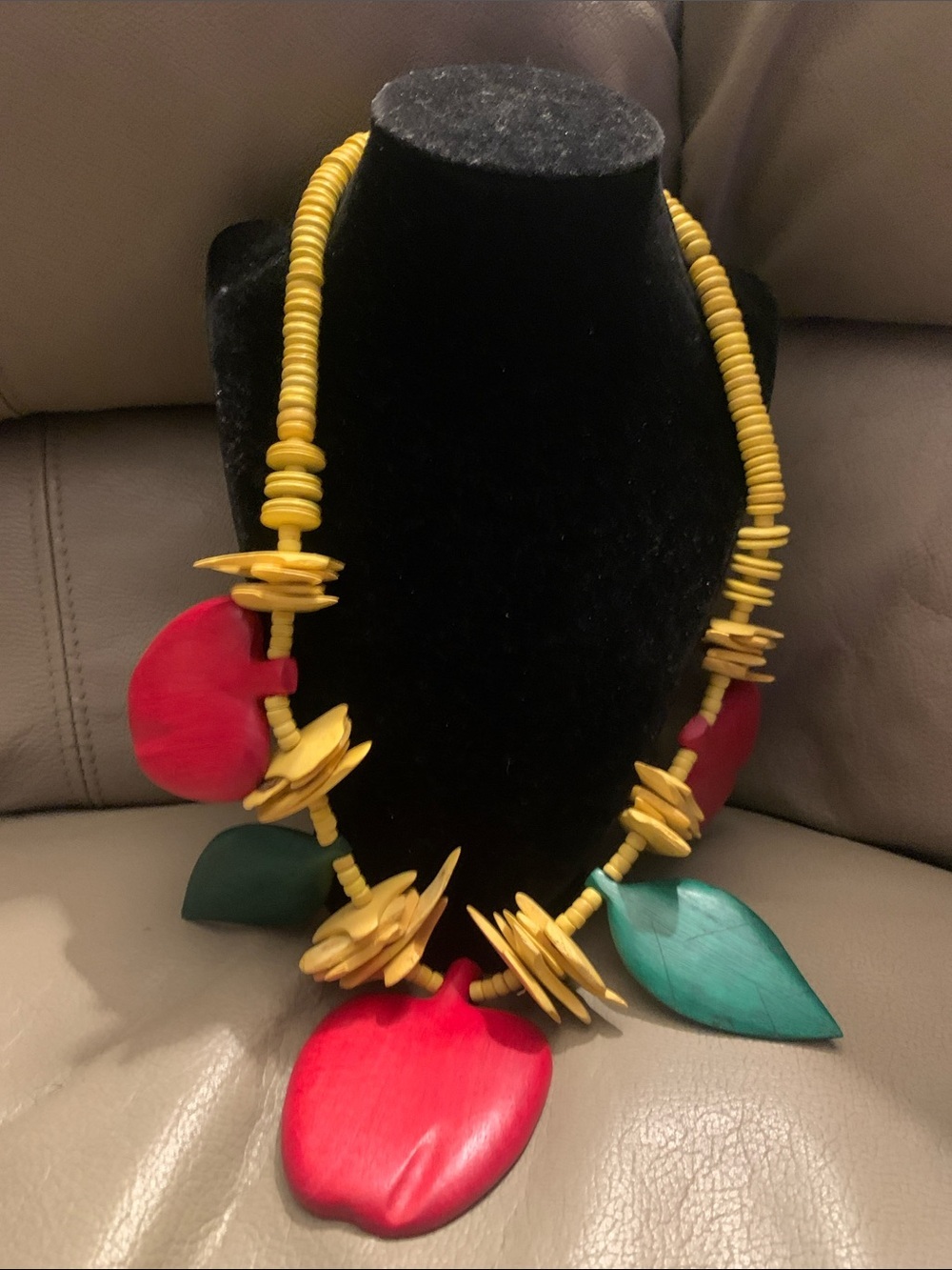 Vintage Handcrafted Yellow Wood Necklace with Red Apples and Green Leaf Pendants